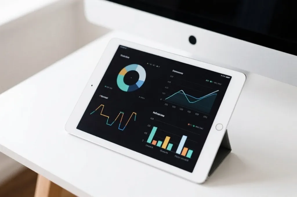 A modern tablet displaying abstract minimalist data visualization charts and sports performance graphs
