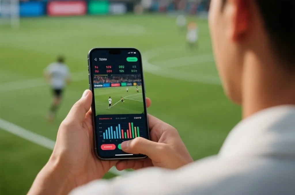 Person holding a mobile phone and viewing live sports data and matching analytics